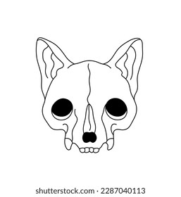 Vector isolated one single eared dog fox wolf skull with ears and fangs head front view portrait colorless black and white contour line easy drawing