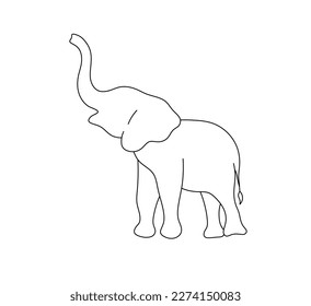 Vector isolated one single elephant with trunk up silhouette colorless black and white contour line easy drawing