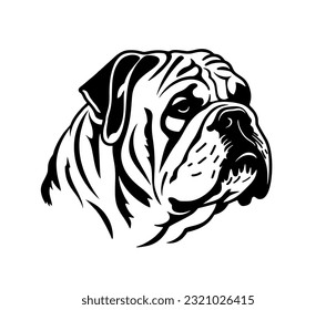Vector isolated one single 
 English Bulldog dog head  black and white bw two colors silhouette. Template for laser engraving or stencil
