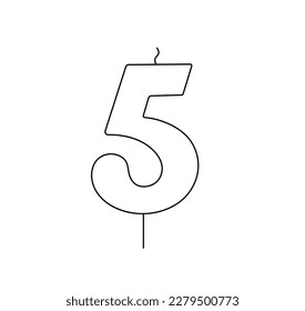 Vector isolated one single figure 5 five wax cake candle with wick on a stick colorless black and white contour line easy drawing