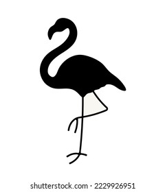 Vector aislado un solo flamingo de pie sobre una sola vista lateral de la pierna un esténcil de forma de silueta de contorno blanco y negro incoloro