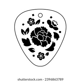 Vector isolated one single guitar pick with hole with beautiful flowers ornament pattern bts style suga guitar pick design colorless black and white contour line easy drawing