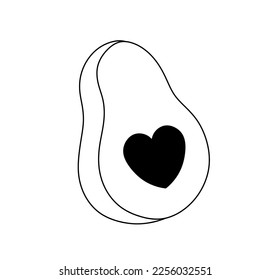 Vector isolated one single half avocado fruit and black heart shaped seed colorless black   white contour line easy drawing