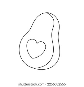 Vector isolated one single half avocado fruit and heart shaped seed colorless black   white contour line easy drawing