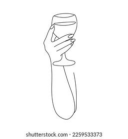 Vector isolated one single hand holding glass of wine colorless black and white contour line easy drawing