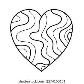 Vector isolated one single heart shape with wooden or marble line texture colorless black and white contour line easy drawing