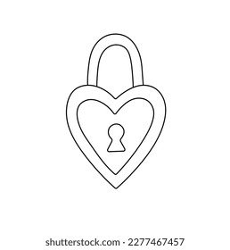 Vector isolated one single heart shaped padlock with handle and keyhole colorless black and white contour line easy drawing