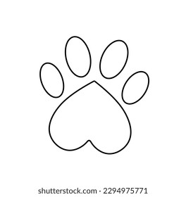 Vector isolated one single heart shaped paw dog cat kitten bear colorless black and white contour line easy drawing