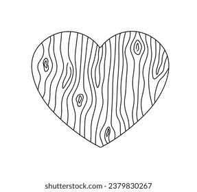 Vector isolated one single heart shape with wooden texture colorless black and white contour line easy drawing	