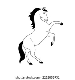 Vector aislado un solo caballo corcel en el rack de pie sobre patas traseras línea de contorno blanco y negro incoloro dibujo fácil