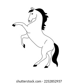 Vector isolated one single horse steed on the rack standing on hind legs colorless black and white contour line easy drawing