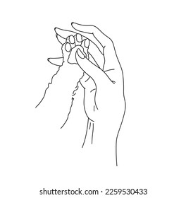 Vector isolated one single human hand holds cat paw with pads  colorless black and white contour line easy drawing