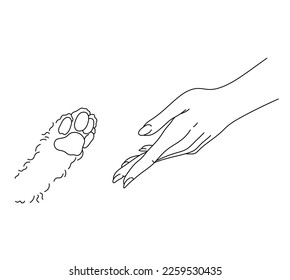 Vector isolated one single human hand reaches for the cat paw with pads  colorless black and white contour line easy drawing