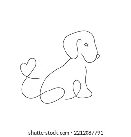 Vector isolated one single line sitting puppy dog side view with heart tail colorless black and white contour line easy drawing