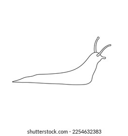 Vector isolated one single long crawling slug snail without shell with horns side view colorless black and white contour line easy drawing