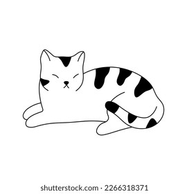 Vector isolated one single lying sleeping striped cat colorless black and white contour line easy drawing