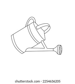 Vector isolated one single metal garden watering can with handle tilted at an angle colorless black and white contour line easy drawing