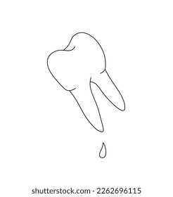 Vector isolated one single molar tooth with two roots and blood drop colorless black and white contour line easy drawing