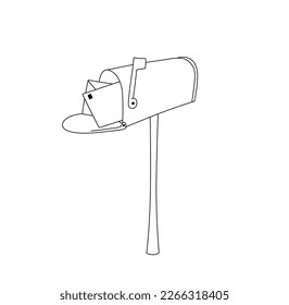 Vector isolated one single open mailbox on a post with letters inside colorless black and white contour line easy drawing