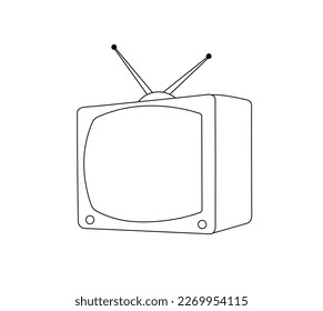 Vector isolated one single retro vintage small TV with antenna colorless black and white contour line easy drawing