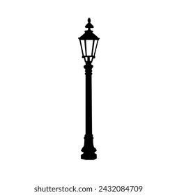 Vector isolated one single retro vintage old street lamp on a pole colorless black and white outline silhouette shadow shape stencil solid black	