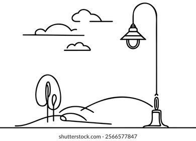 Vector isolated one single retro vintage old street lamp on a pole colorless black and white contour line easy drawing