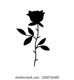 Vector Isolated One Single Rose  Bud Flower On Stem With Thorns  Outline Black Colored Silhouette Shadow