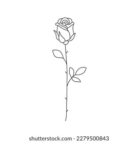 Vector isolated one single rose flower on a stem with leaves colorless black and white contour line easy drawing