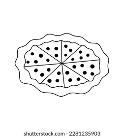 Vector isolated one single round pizza divided into eight triangle pieces colorless black and white contour line easy drawing