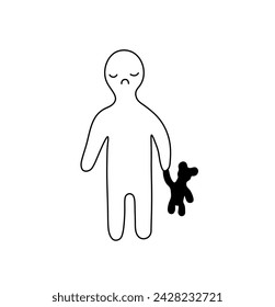 Vector isolated one single sad man with teddy bear toy colorless black and white contour line easy drawing