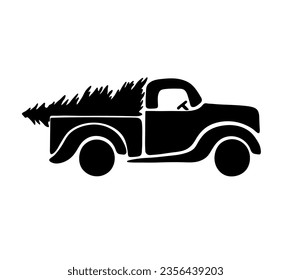 Vector isolated one single santa claus car pick up truck with fur christmass tree side view colorless black and white outline silhouette shadow shape stencil solid black