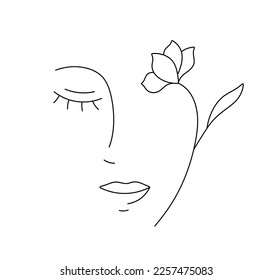 Vector isolated one single simple line abstract half face with flower closed eye nose lips colorless black and white contour line easy drawing