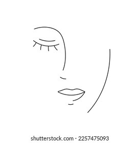 Vector isolated one single simple line abstract half face closed eye nose lips colorless black and white contour line easy drawing