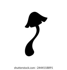 Vector isolated one single simple mushroom toadstool with a crooked curved leg colorless black and white outline silhouette shdow shape	