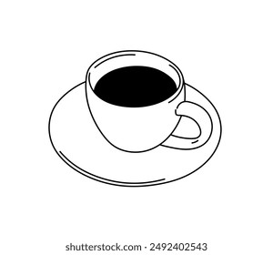 Vector isolated one single simple small cup of coffee with saucer colorless black and white contour line easy drawing