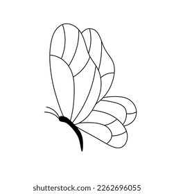 Vector aislado una única línea de contorno blanco y negro incoloro de la vista lateral de la mariposa voladora más simple dibujo fácil