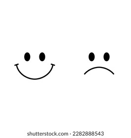 Vector isolated one single simplest round smiling face and sad face emotion symbol colorless black and white contour line easy drawing