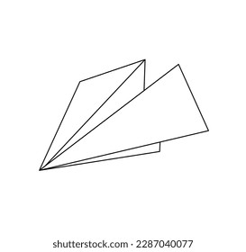 Vector isolated one single simplest origami paper plane front view isometric colorless black and white contour line easy drawing
