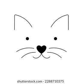 Vector isolated one single simplest cat kitten muzzle face portrait head front view colorless black and white contour line easy drawing