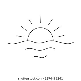 Vector isolated one single simplest sun and waves landscape colorless black   white contour line easy drawing