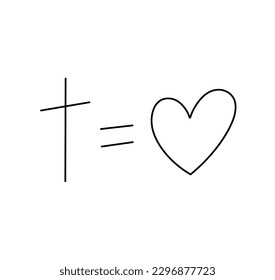 Vector isolated one single simplest cross with little heart God is love colorless black and white contour line easy drawing