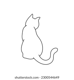 Vector isolated one single simplest sitting cat kitten back view colorless black and white contour line easy drawing