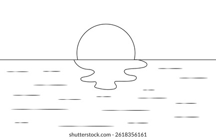 Vector isolated one single simplest sun with waves landscape colorless black and white contour line easy drawing .Vector Illustration .EPS 10 .