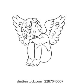 Vector aislado un solo sentado curvo niño angel cupido pose ojos cerrados línea de contorno blanco y negro incoloro dibujo fácil