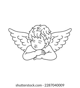 Vector isolated one single sitting sleeping curly boy angel cupid pose closed eyes colorless black and white contour line easy drawing