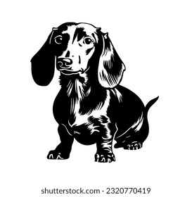 Vector isolated one single sitting dachshund dog black and white bw two colors silhouette. Template for laser engraving or stencil