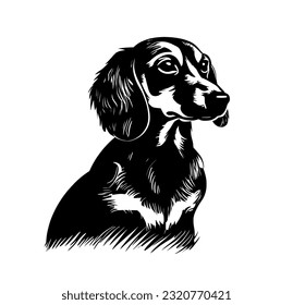 Vector isolated one single sitting dachshund dog black and white bw two colors silhouette. Template for laser engraving or stencil