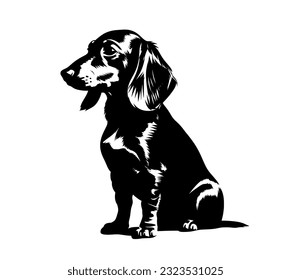 Vector isolated one single sitting dachshund dog black and white bw two colors silhouette. Template for laser engraving or stencil