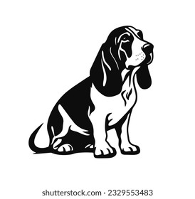 Vector isolated one single sitting Basset Hound dog full body front view black and white bw two colors silhouette. Template for laser engraving or stencil, print for t shirt