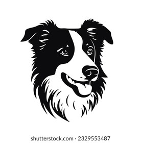 Vector aisló una sola vista frontal de la cabeza del perro del borde de Collie blanco y negro con dos colores de silueta. Plantilla para grabado láser o esténcil, impreso para camiseta